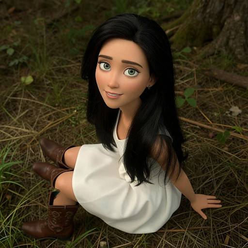 Digital rendering of a cute, anime-style young woman with long black hair, green eyes, white dress, brown boots, sitting on forest floor.