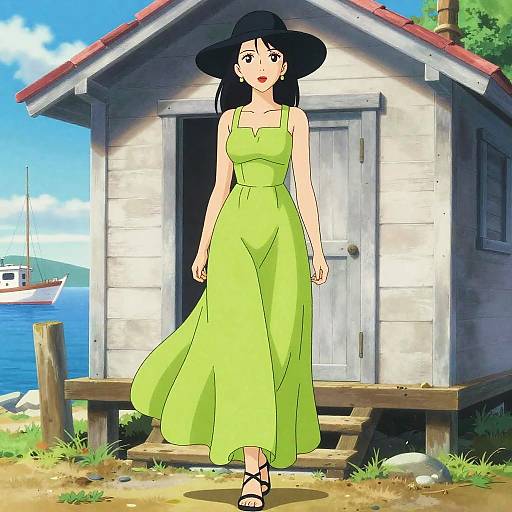 Anime Woman in Lime Green Dress by Seaside Cottage