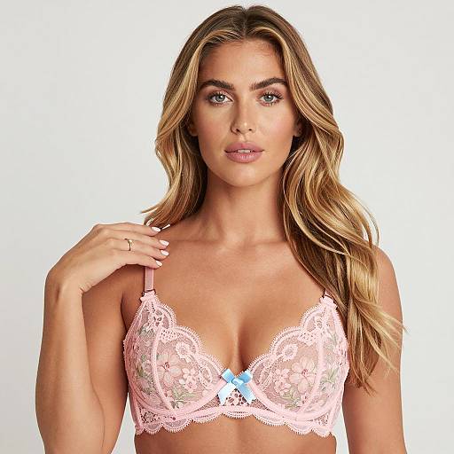 Blonde Woman in Pink Floral Lace Bra