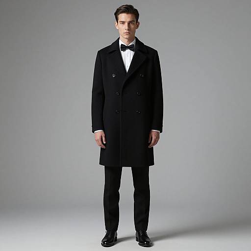 Photograph of a young man with short dark hair, wearing a black double-breasted overcoat, black bow tie, white shirt, black pants,