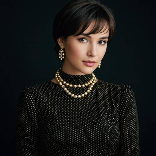 Elegant Woman in Black Polka Dot Dress with Gold Jewelry