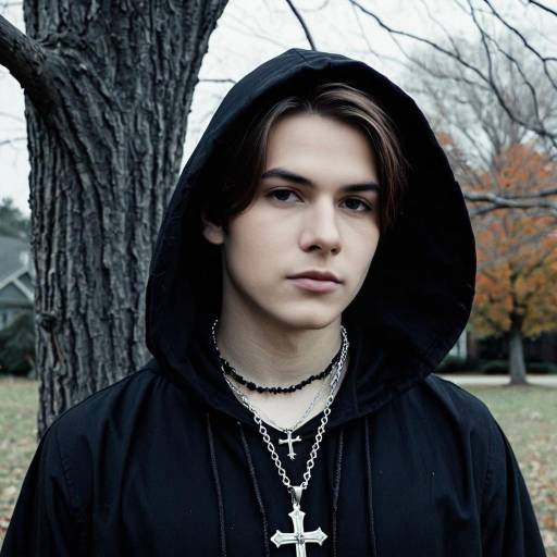 Young man in gothic Halloween costume with hood and cross necklaces