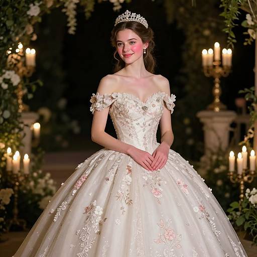 Photograph of a young woman in an off-shoulder, white, floral-embellished wedding gown with a full skirt, tiara,