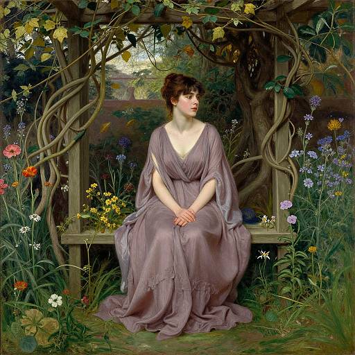 Victorian-style painting of a fair-skinned woman with dark hair, wearing a flowing purple dress, sitting on a wooden bench amidst vibrant flowers and twisted