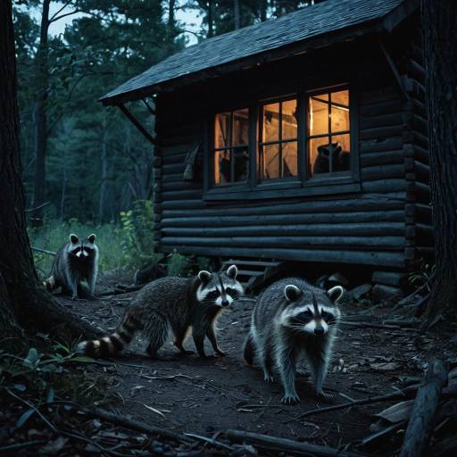 Raccoons Approaching Backwoods Cabin at Twilight