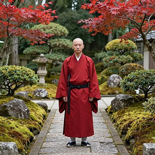 Bald Asian Monk in Serene Japanese Garden