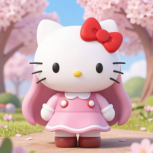 CGI image of Hello Kitty standing on a path under cherry blossom trees, wearing a pink dress and red bow, with a sunny blue sky background.