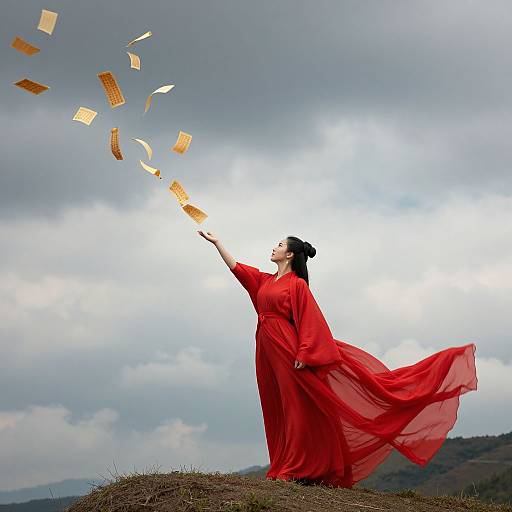 Photograph of a woman in a flowing red dress, standing on a grassy hill, gracefully lifting gold paper fans into a cloudy sky.