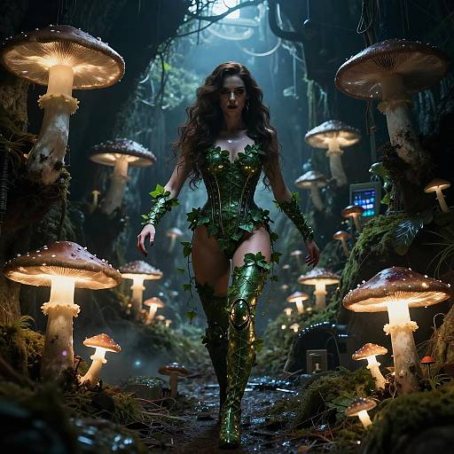 Digital fantasy artwork: A dark-haired woman with green leafy attire and vines stands confidently in a mystical forest, surrounded by glowing, large mushrooms. Dim