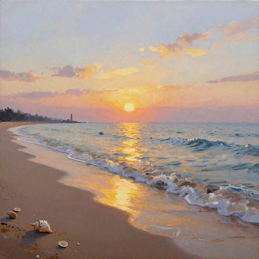 Photograph of a serene beach at sunset, with golden sunlight reflecting on gentle waves, seashells on wet sand, and a distant lighthouse silhouette