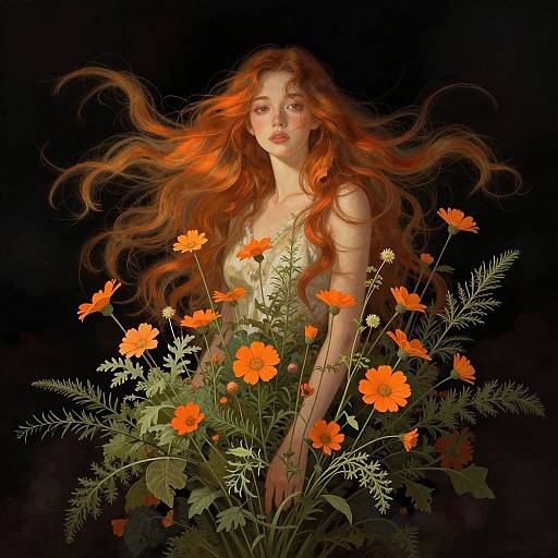 Digital painting of a fair-skinned woman with long, flowing red hair, surrounded by vibrant orange flowers, against a black background.