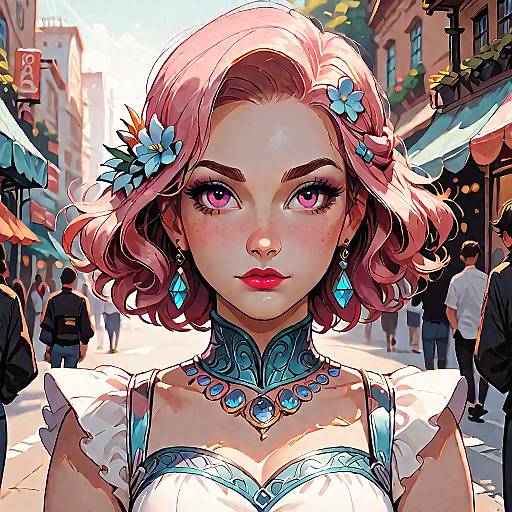 Digital anime-style drawing of a pink-haired woman with purple eyes, wearing a white dress with blue floral necklace, in a bustling street. Background features pedestrians