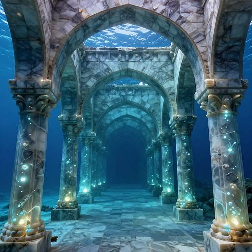 Photograph of a futuristic, underwater-style marble archway with blue lighting, illuminated columns, and glowing orbs, creating an ethereal, mystical atmosphere.