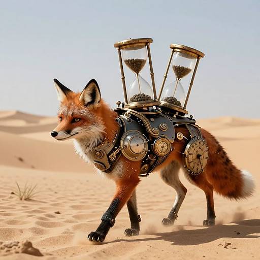 Digital artwork of a red fox with steampunk armor, featuring two hourglasses on its back, walking in a bright, sandy desert.