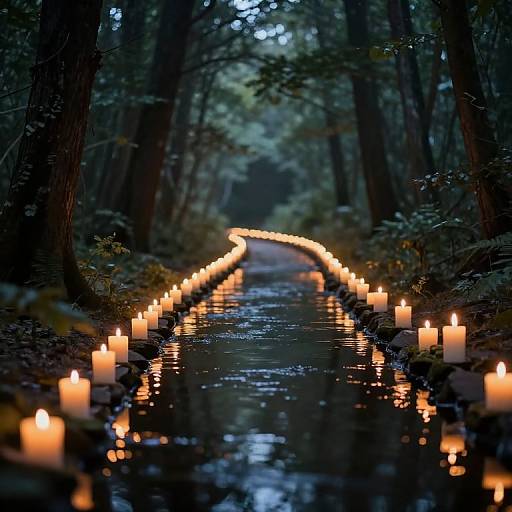 Photograph of a serene, candlelit forest path, with glowing candles lining both sides of a reflective stream, leading into a dark, misty wooded
