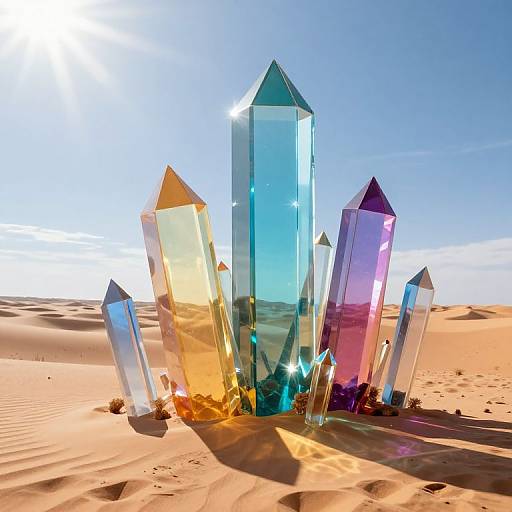 Photograph of vibrant, crystalline geometric structures in a desert, reflecting sunlight, with sand dunes and clear blue sky in background.