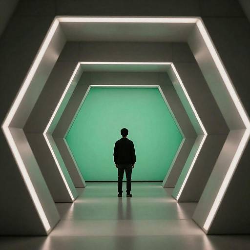 Lone Figure in Futuristic Green Corridor
