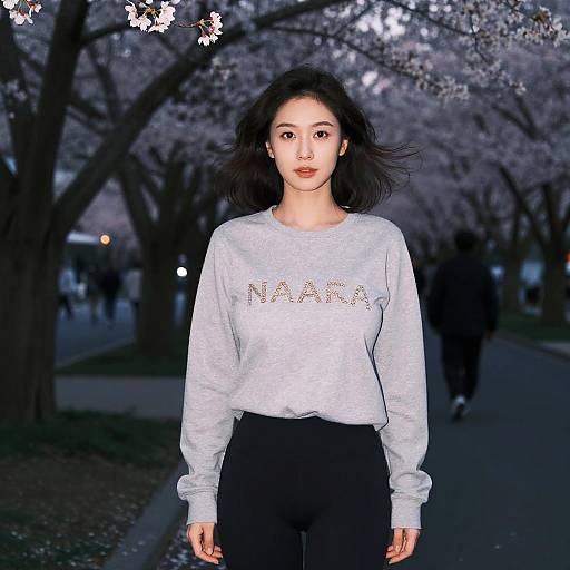 Woman Strolling in Cherry Blossom Grove