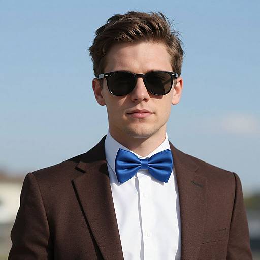 Photograph of a young Caucasian man with short brown hair, wearing black sunglasses, a brown suit jacket, white dress shirt, and a blue bow tie