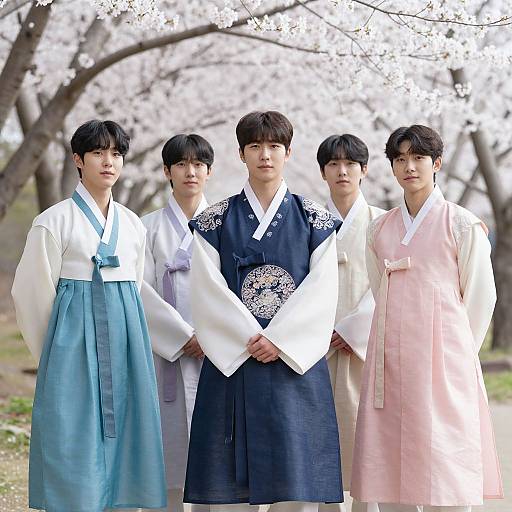 Photograph of five young Asian men in traditional Korean hanbok, standing in a cherry blossom garden. They wear different colors: blue, white,