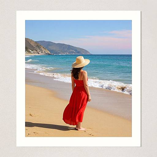 Photograph of a woman in a flowing red dress and wide-brimmed hat standing on a sandy beach, facing the blue ocean and distant hills under