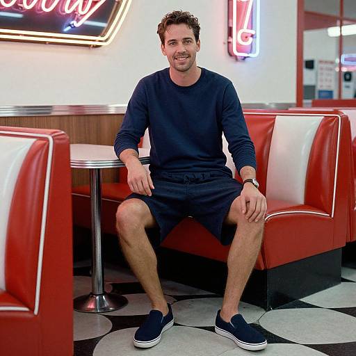 Photograph of a smiling, short-haired man in a black long-sleeve shirt and shorts, sitting in a retro red and white diner booth.