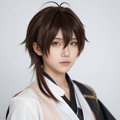 Digital anime-style portrait of a young man with dark, messy hair, fair skin, brown eyes, and wearing a white and black military-inspired uniform.