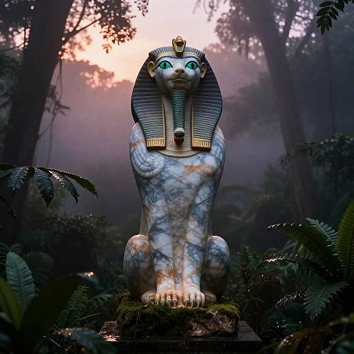 Ancient Wadjet Statue in Jungle Mist