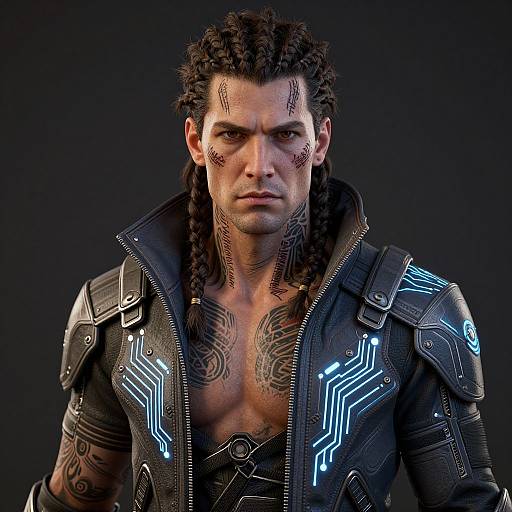 Photograph of a muscular, dark-haired man with tribal face paint, braided hair, and black, glowing, futuristic armor, set against a dark