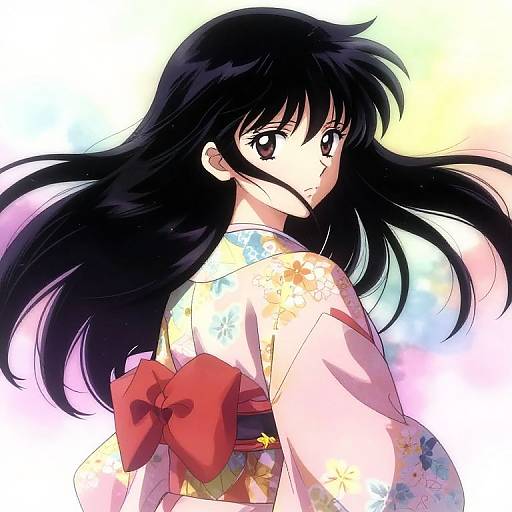 Anime-style digital drawing of a girl with long black hair, wearing a floral kimono with a red bow, looking back over her shoulder against a past
