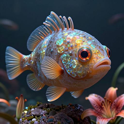 Photograph of a vibrant, iridescent fish with shimmering scales, orange eyes, and translucent fins, swimming near pink lilies and dark underwater