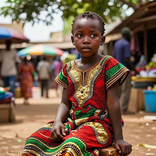 Photograph of a young African girl with dark skin, wearing a vibrant red and green traditional dress with intricate gold patterns, seated outdoors in a bustling market