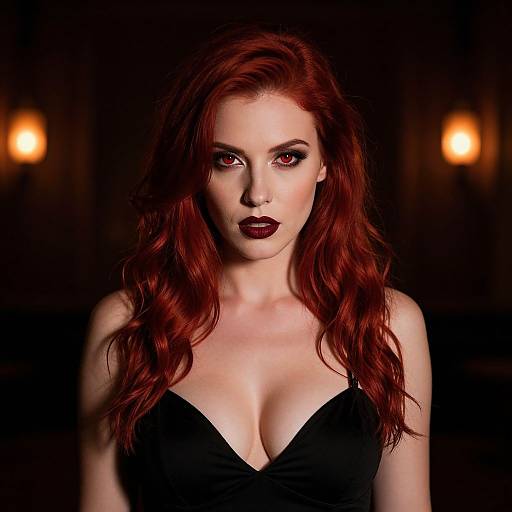 Photograph of a pale-skinned, red-haired woman with striking red eyes, dark lipstick, and a black, cleavage-revealing dress,