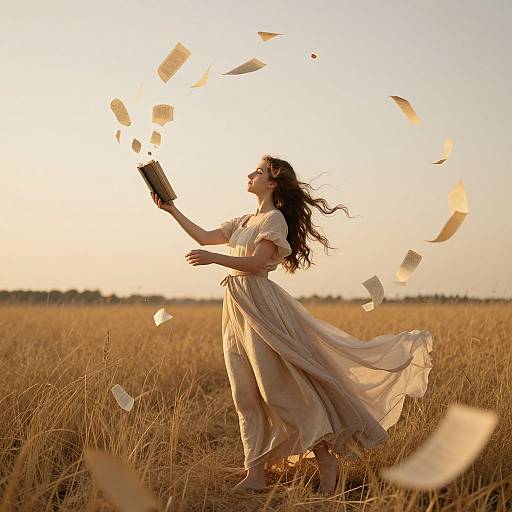 Photograph of a woman in a flowing white dress, standing in a golden wheat field at sunset, waving open books with papers flying around her.