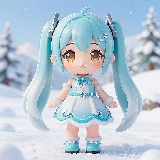Chibi-style digital art of a cute anime girl with long blue twin-tails, wearing a white and blue winter dress, standing in a snowy forest