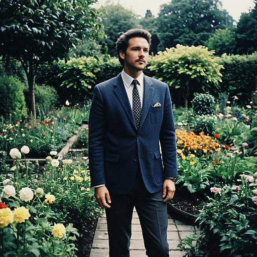Photograph of a bearded man in a dark blue pinstripe suit, white shirt, and patterned tie, standing in a lush garden with