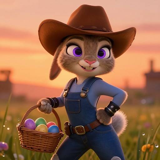 CGI image of a cute, anthropomorphic bunny in blue overalls and brown hat, holding a basket of colorful Easter eggs, against a sunset field