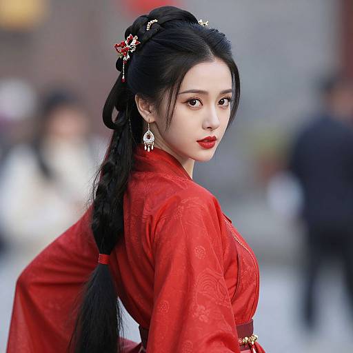 Photograph of an Asian woman with fair skin, long black hair in a braid, wearing a red floral kimono, red lipstick, and orn