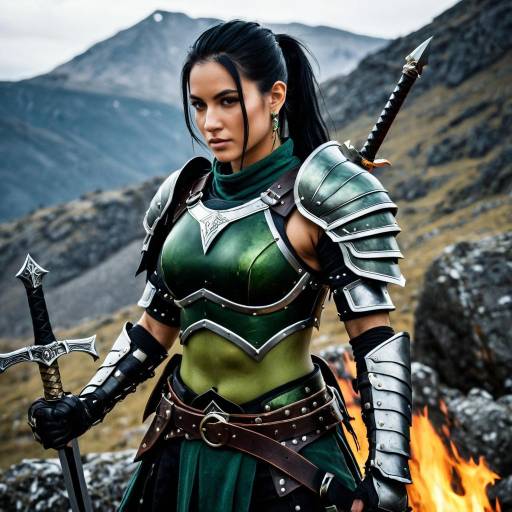 Warrior Girl in Fiery Mountain Scene