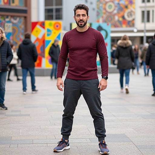 Photograph of a bearded, muscular man with short dark hair, wearing a maroon long-sleeve shirt, black pants, and blue sneakers