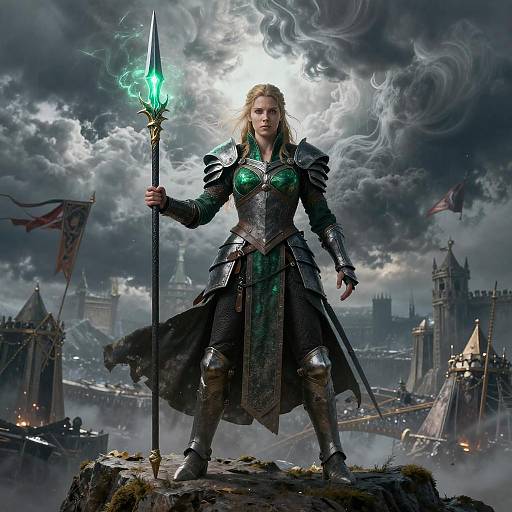 Digital fantasy artwork of a fierce armored woman with glowing green spear, standing on rocky terrain, under stormy sky, with medieval castle and flags in the