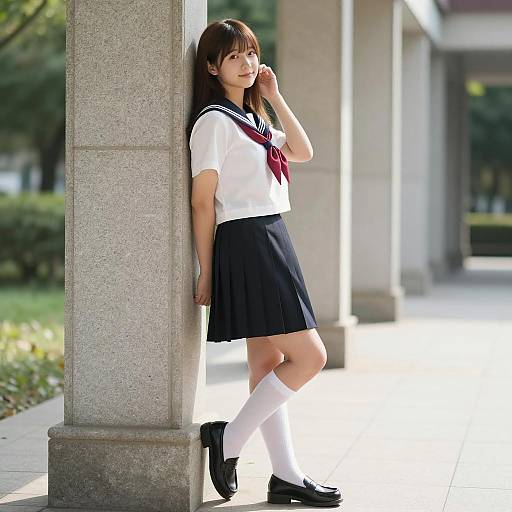 Japanese Schoolgirl in Sailor Uniform Outdoors