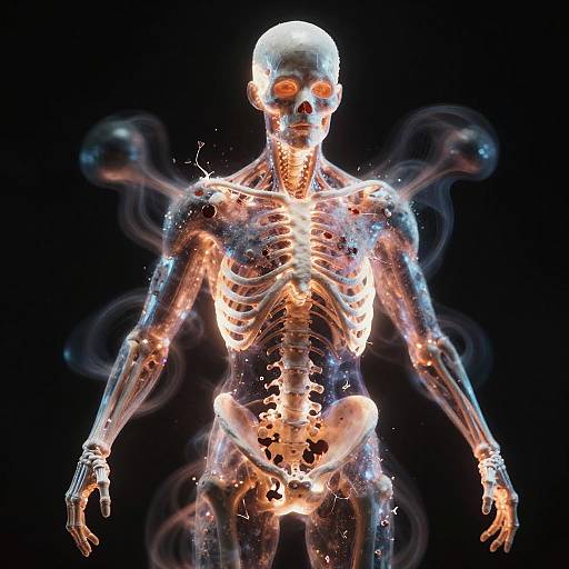 Photorealistic CGI of a glowing, transparent human skeleton with vibrant orange and blue highlights, set against a black background.