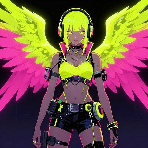 Digital anime-style drawing of a neon-yellow-haired woman with glowing pink and yellow wings, wearing black shorts, yellow top, headphones, and cyberpunk accessories