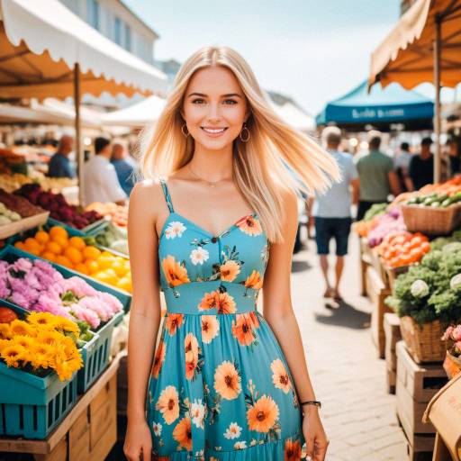 Blonde Woman in Floral Sundress at Market Blonde Woman in Floral Sundress at Market