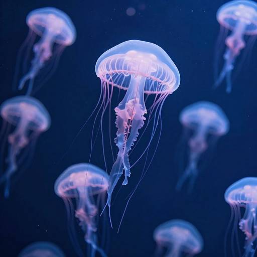 Photograph of glowing blue and pink jellyfish with translucent bodies and long, flowing tentacles, floating in a dark, deep blue ocean background.