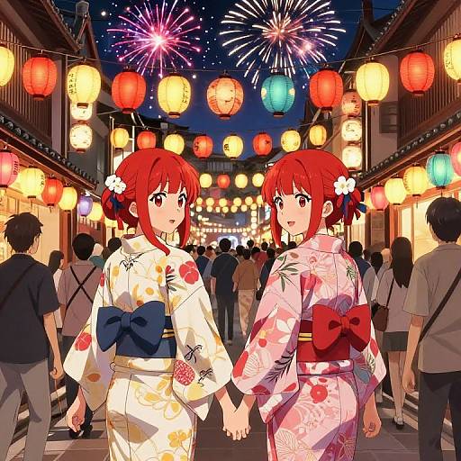 Anime-style drawing of two red-haired girls in floral kimonos, holding hands in a vibrant festival street with colorful lanterns and fireworks.