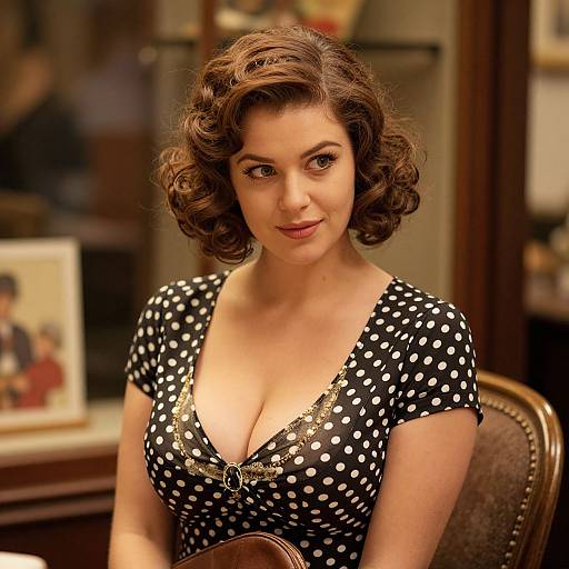 Photograph of a fair-skinned woman with short, curly brown hair, wearing a black polka dot dress with a deep neckline, sitting in a