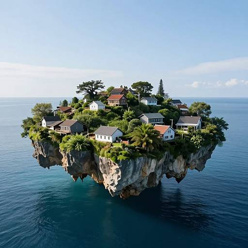 Photograph of a small, cliff-island with several houses, lush greenery, and trees, floating above a calm, blue ocean under a clear