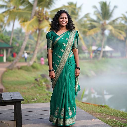 Photograph of a smiling South Asian woman with curly black hair, wearing a green sari with gold embroidery, standing by a misty lakeside,